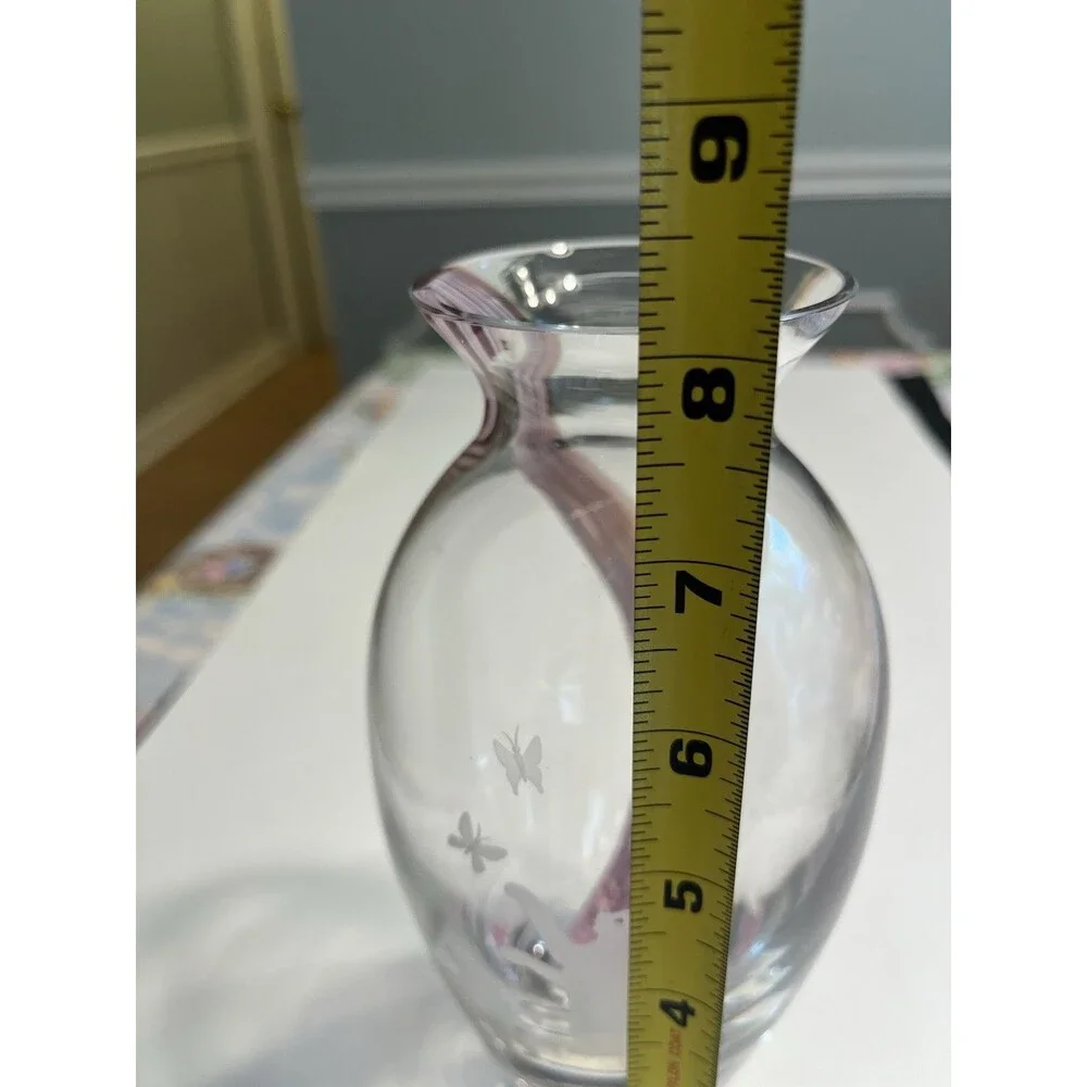 RARE!! Lenox Art Glass Etched Frosted Kitten Cats Pink Swirl 8” Vase Scotland